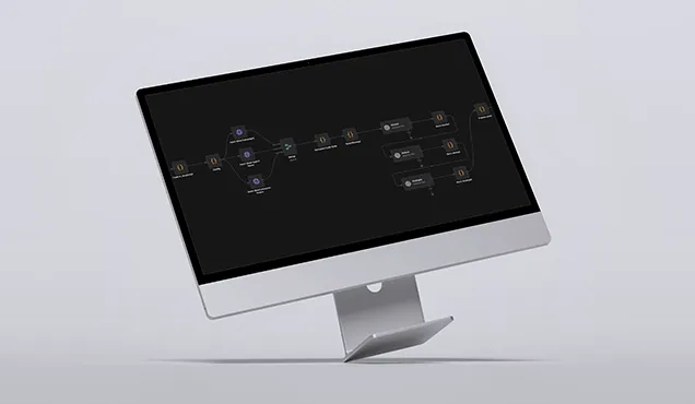 Екран с автоматизиран работен процес за AI интеграции и свързване на различни системи.