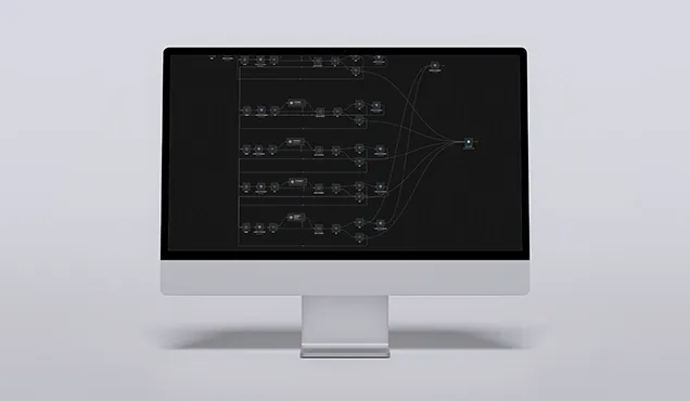 Визуален workflow с множество свързани модули за автоматизация на процеси.