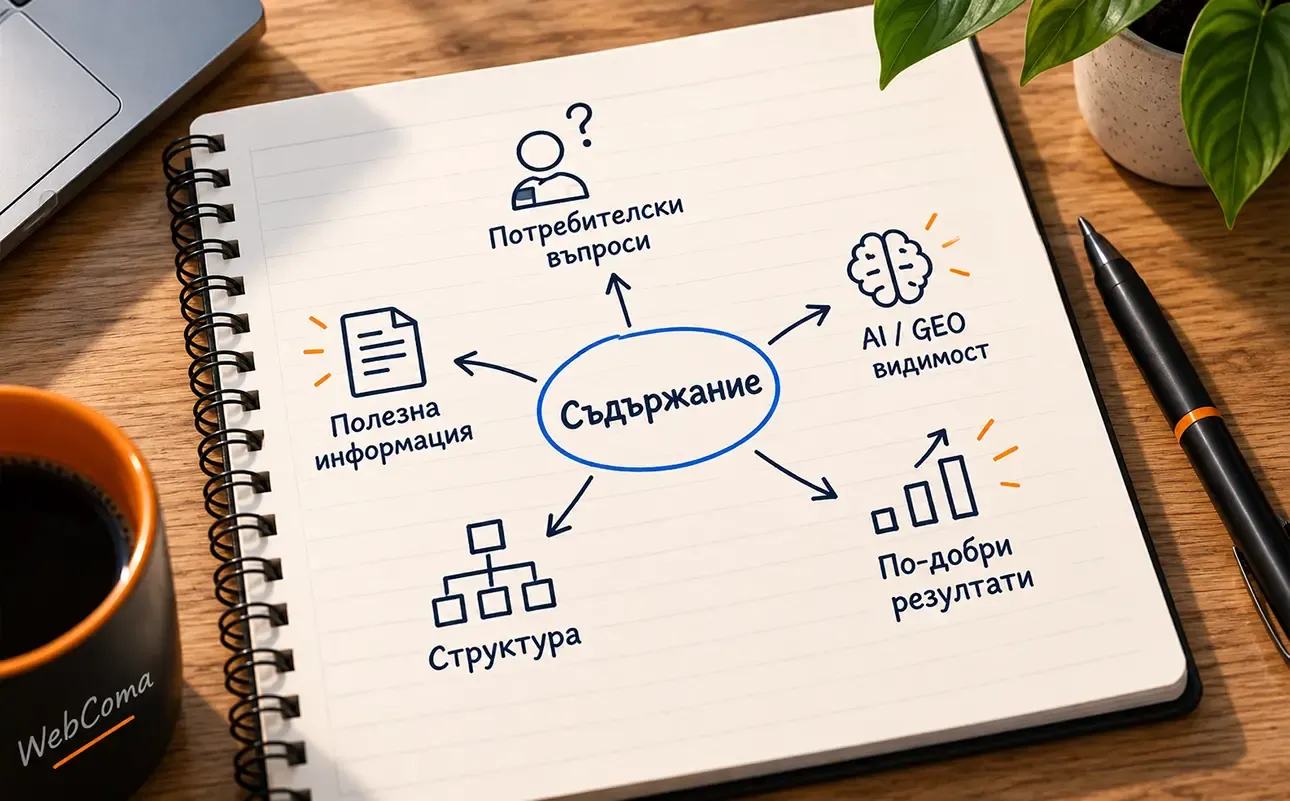 Схема в тефтер, която свързва съдържанието с потребителските въпроси, полезната информация, структурата, AIO/GEO видимостта и по-добрите резултати.