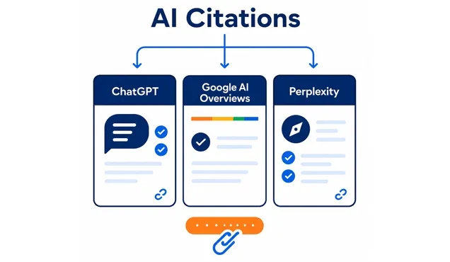 Схема на AI цитирания в ChatGPT, Google AI Overviews и Perplexity.