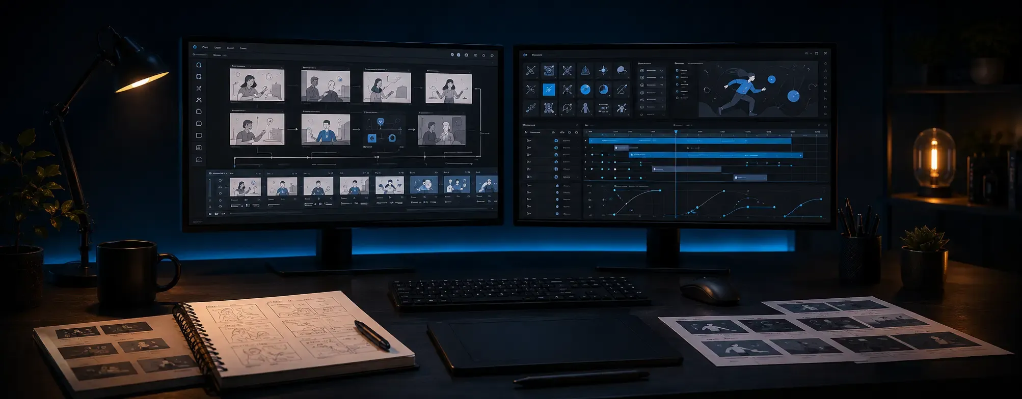 Тъмна дизайнерска работна среда с два монитора, показващи storyboard панели, animation timeline, keyframes и motion design процес