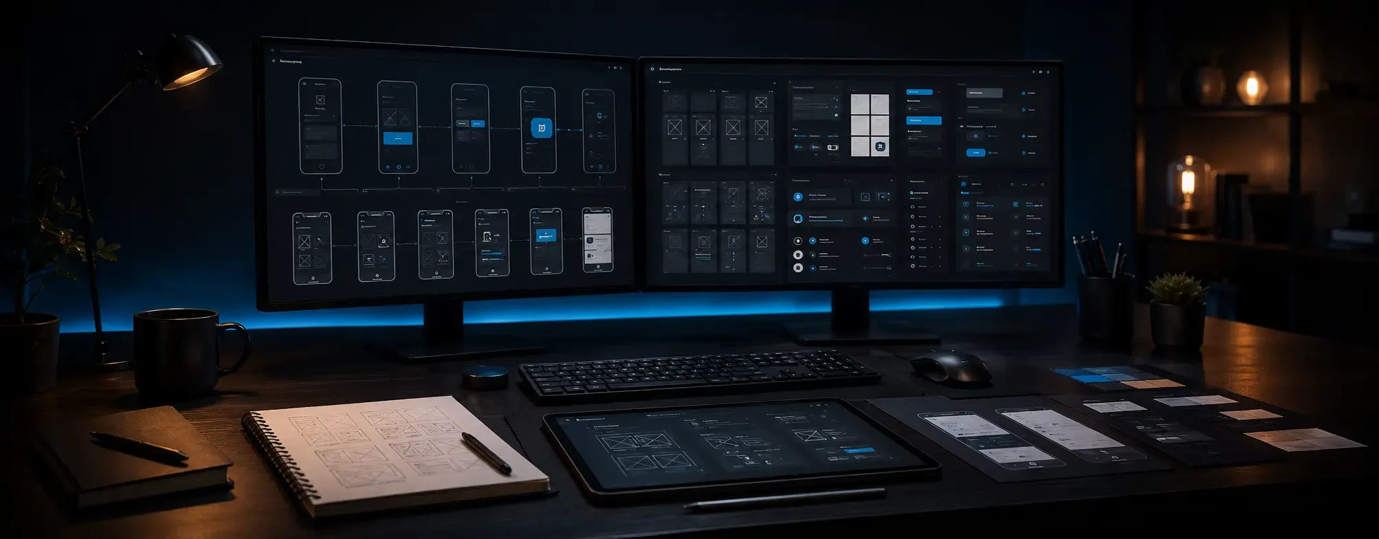 Тъмна дизайн среда с wireframes, UI компоненти, мобилни екрани и потребителски поток