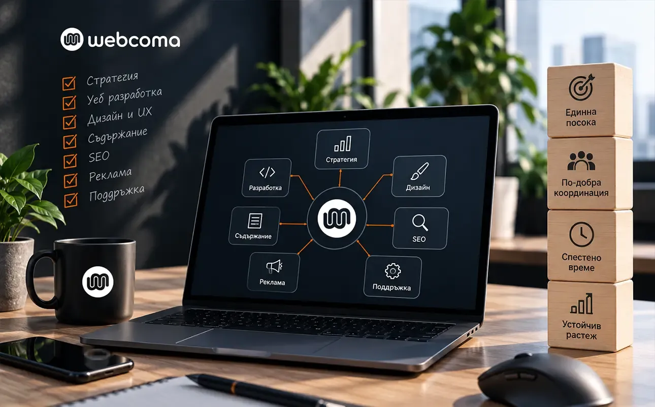 Лаптоп със схема на свързани дигитални услуги около знака на WebComa и дървени блокове, представящи обща посока и координация.
