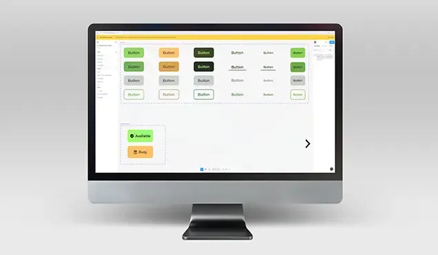 Figma екран с дизайн система, варианти на бутони и статуси за UI/UX дизайн.