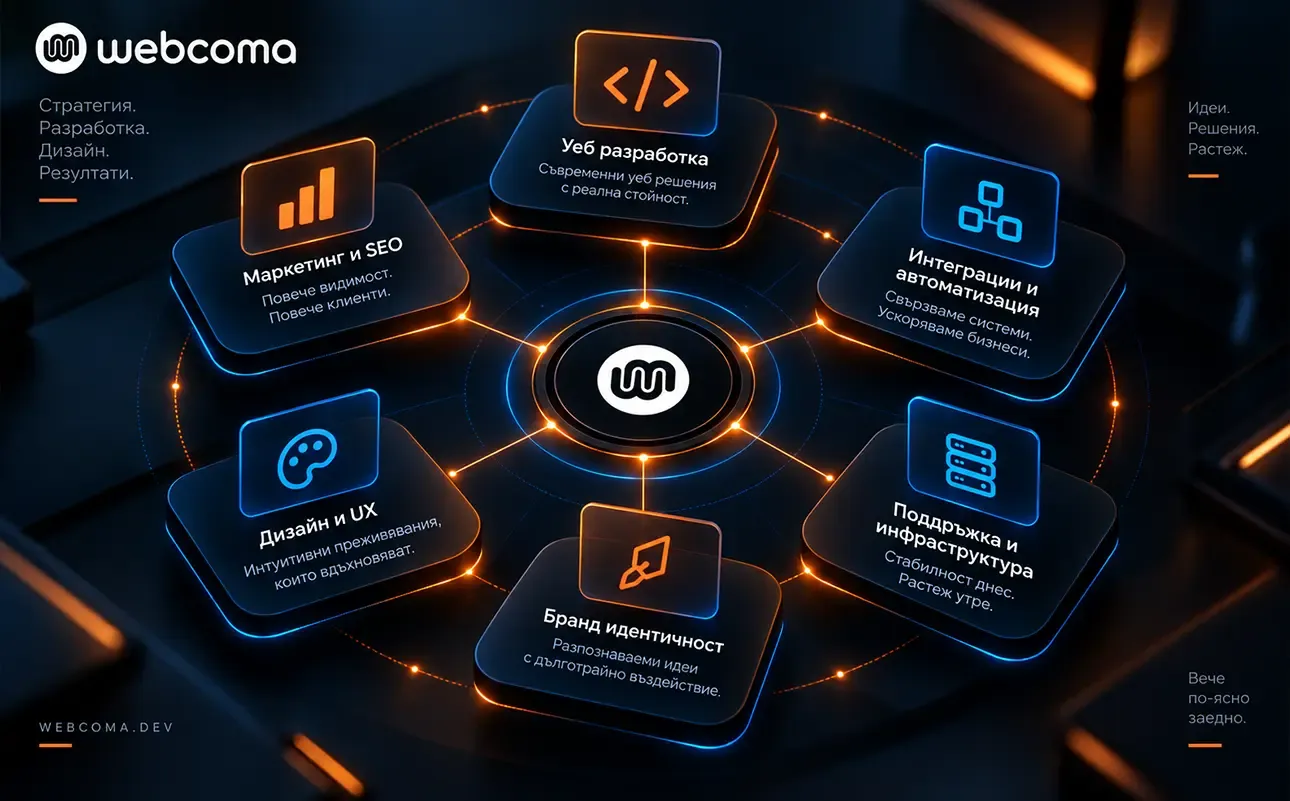 Шестте направления на WebComa, подредени около общ дигитален център и свързани в единна система от услуги.