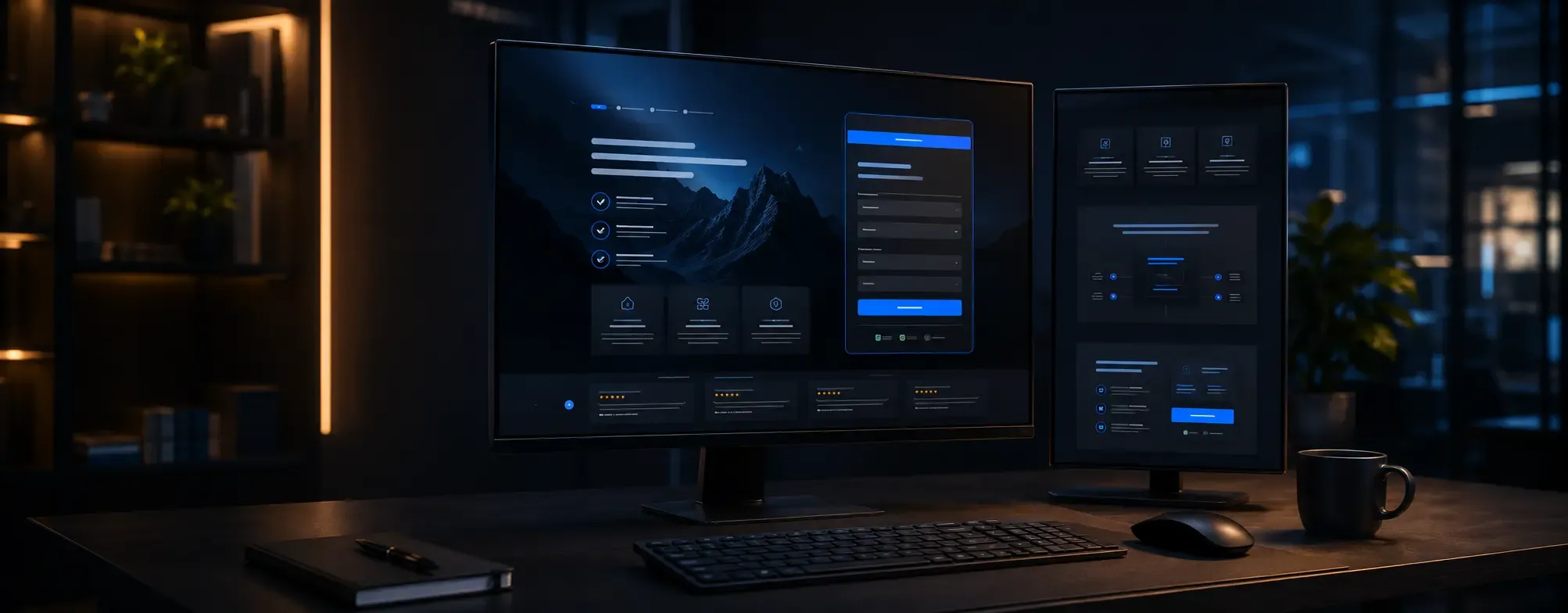 Тъмна работна среда с монитор, показващ landing страница с hero секция, формуляр и призив за действие.