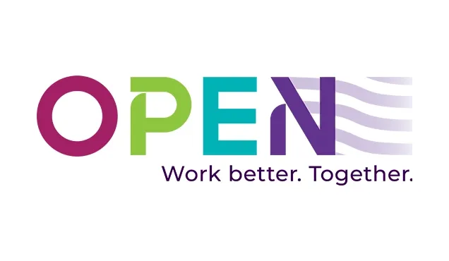 Лого на OPEN с многоцветен надпис и слоган Work better. Together.