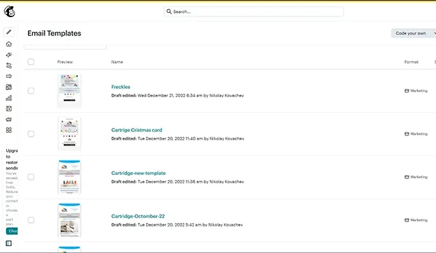 Mailchimp панел със списък от имейл шаблони за маркетинг кампании.