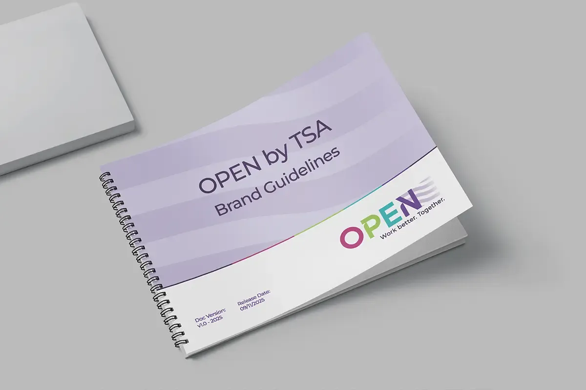Корична страница на Brand Guidelines за OPEN by TSA с лого, цветова линия и подредено фирмено оформление
