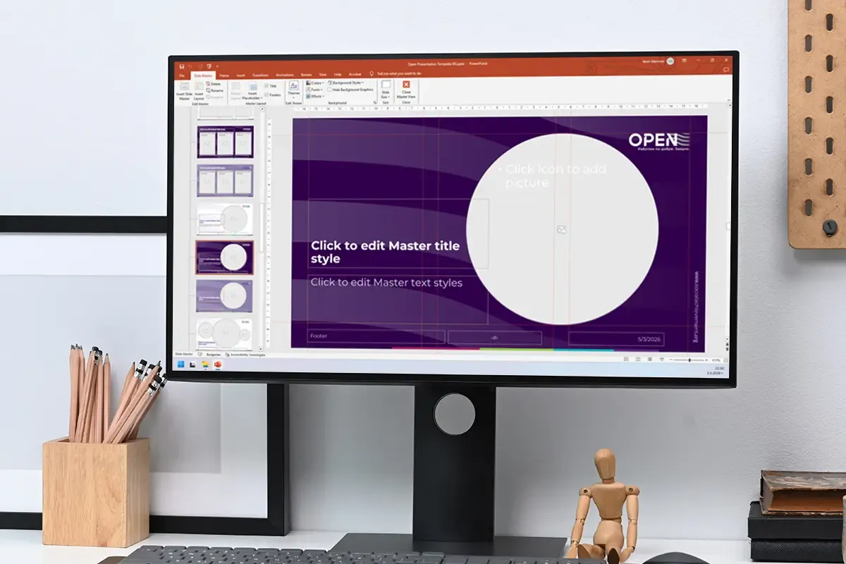 PowerPoint шаблон за OPEN by TSA с лилав слайд и зона за изображение