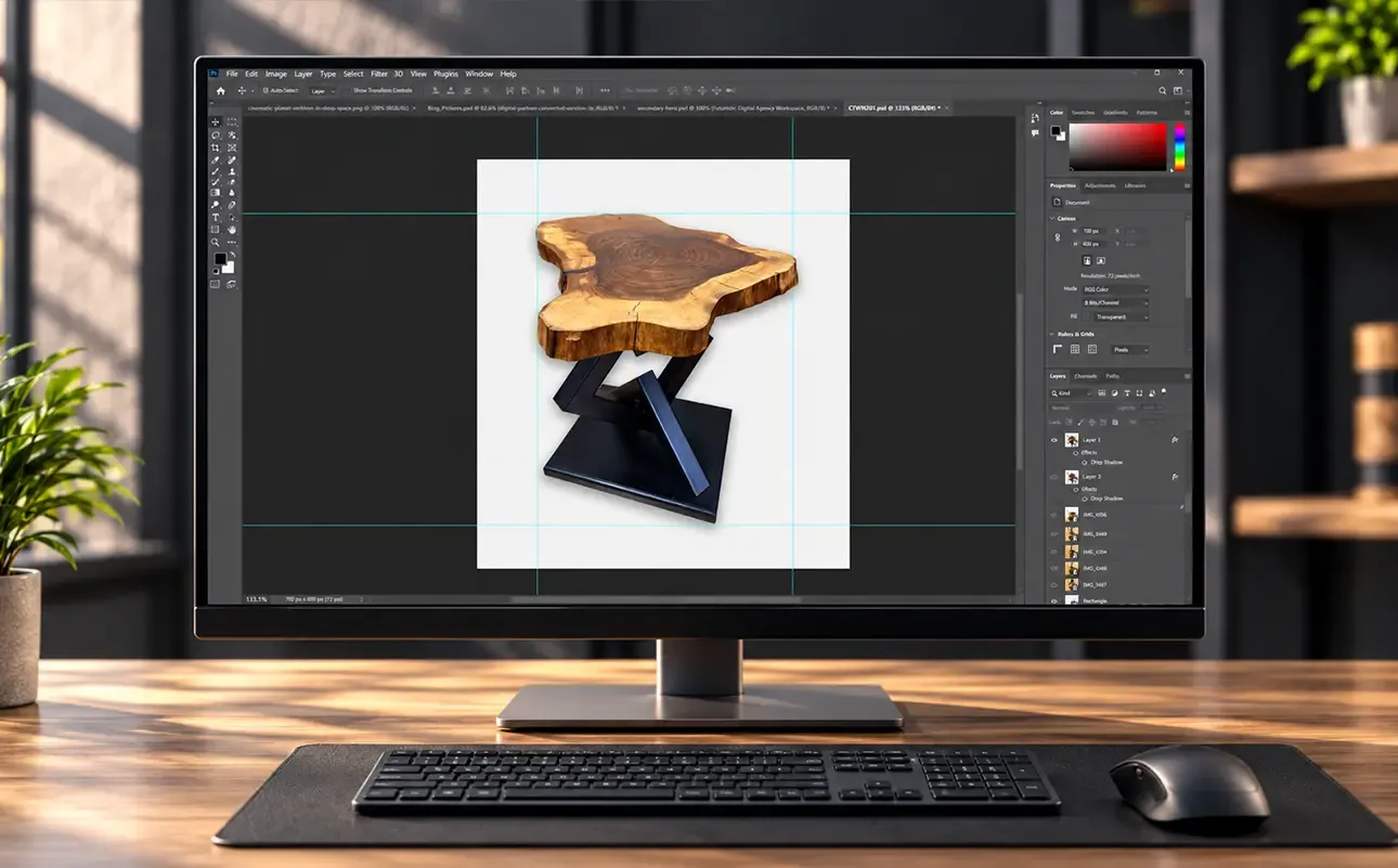 Монитор с отворен Photoshop и продуктова снимка на маса с естествен дървен плот и метална основа на бял фон.