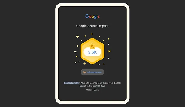 Google Search Impact екран с отчетени кликове от търсене към сайта palisandar.com.