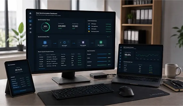 Dashboard за синхронизация на данни с активни връзки, процеси и статуси между системи.