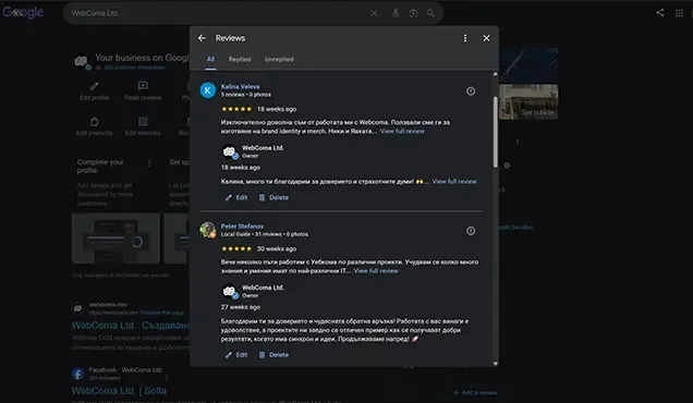Преглед на клиентски отзиви в Google Business профил при локално SEO.