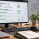 Работно място с монитор, показващ примерен списък за техническа подготовка, SEO, тестове и поддръжка преди публикуване на сайт.