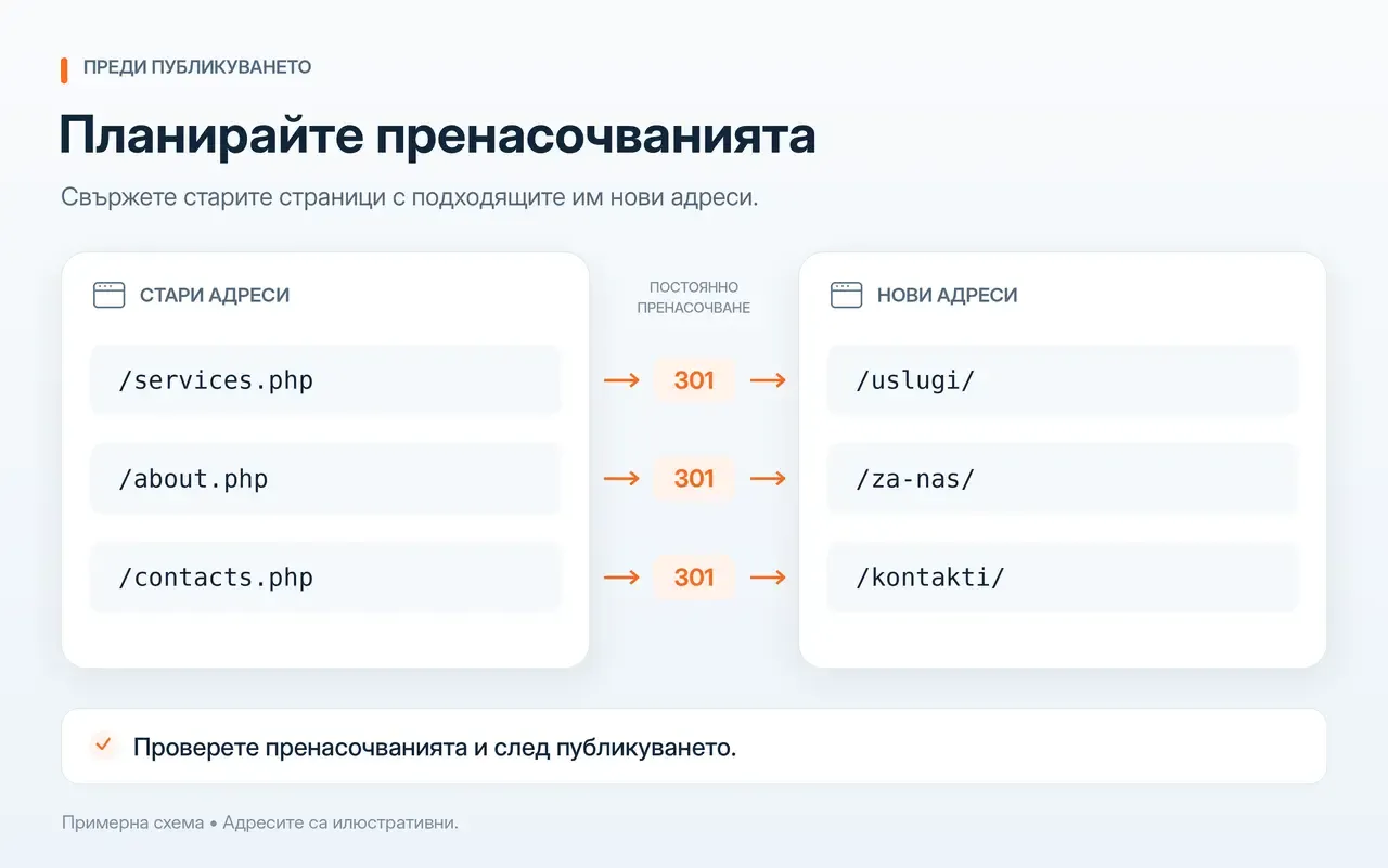 Примерна схема с 301 пренасочвания от стари страници към съответстващите им нови URL адреси.