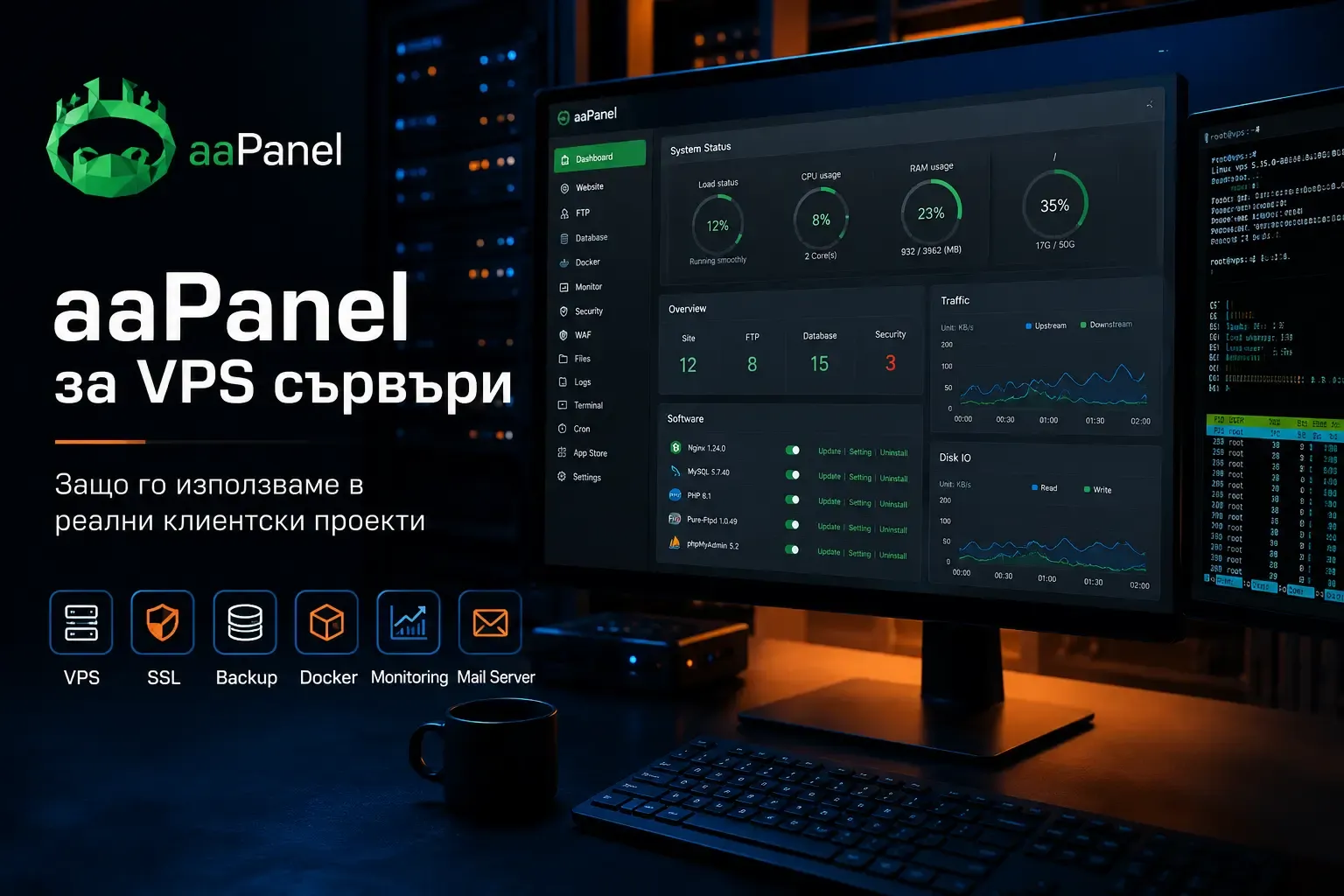Илюстрация на работна среда с aaPanel, сървъри и инструменти за VPS управление