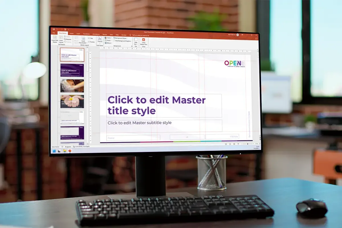 PowerPoint шаблон за OPEN by TSA, отворен в режим Slide Master